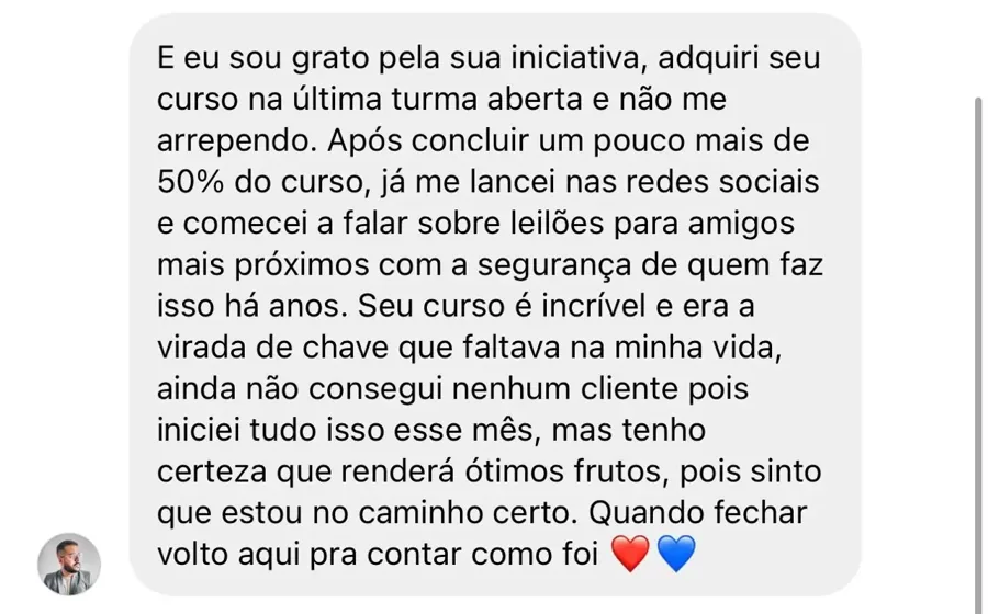 Relato de aluno do Especialize-se que começou a falar de leilões com segurança